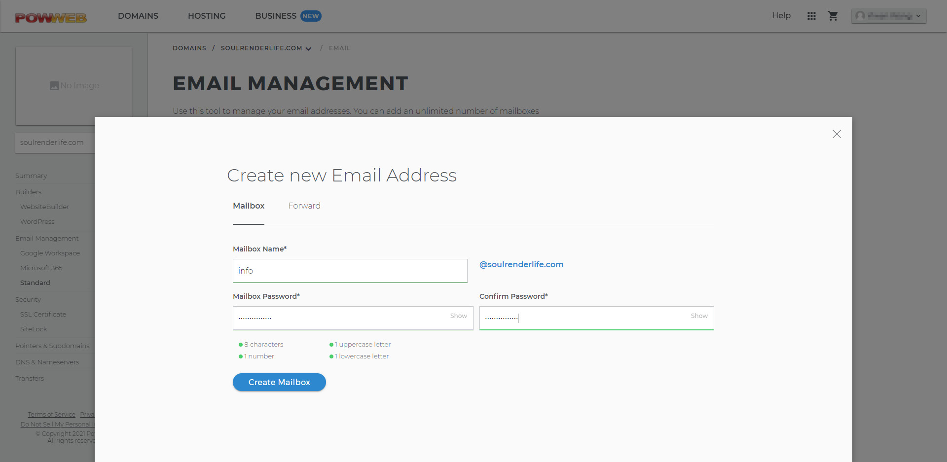 PowWeb create Email address