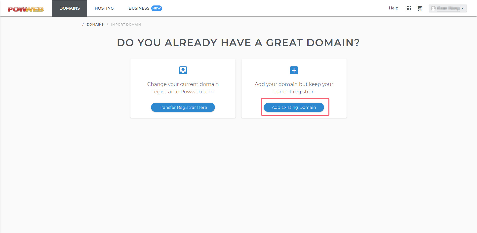PowWeb add existing domain