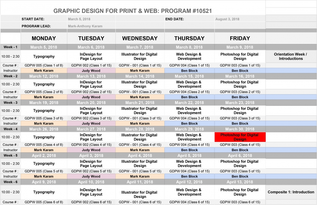 Graphic Design schedule